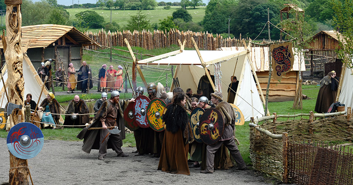 group of re-enactors dressed as Vikings at the Viking Village at Kynren